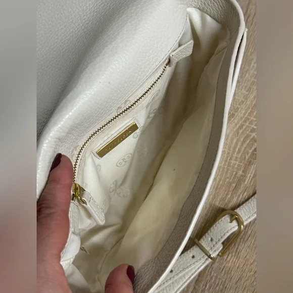 Tory Burch Cream Leather Serif T Crossbody Saddle Bag Purse - Picture 7 of 16